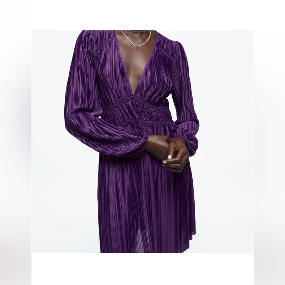 Zara Purple Pleated Wrap Dress with Bishop Sleeves